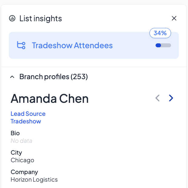 View the segment's percentage, number, example profiles, and data validation highlighted in blue.