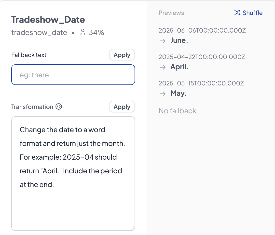 Use a prompt to transform a timestamp to just the month and add a period