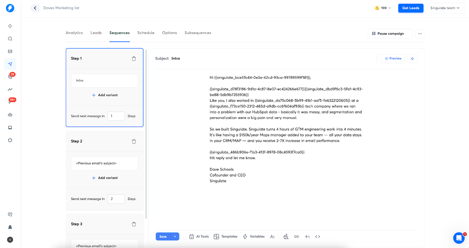 An example of an Instantly campaign that uses Singulate for hyper-personalization