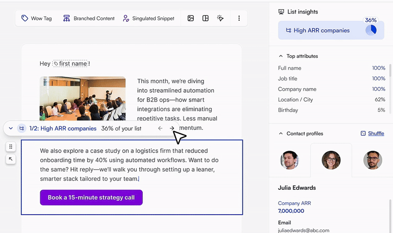 The Singulate editor with a Branched Content block for High ARR companies, 36% of the list, beside List Insights and a sample contact