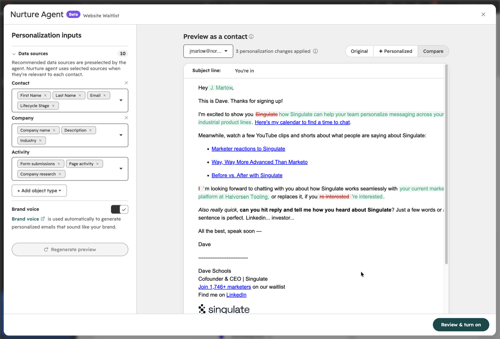 Nurture Agent modal: data-source chips on the left, a personalized welcome email on the right that opens with Hey J. Marlow, and a Regenerate preview button