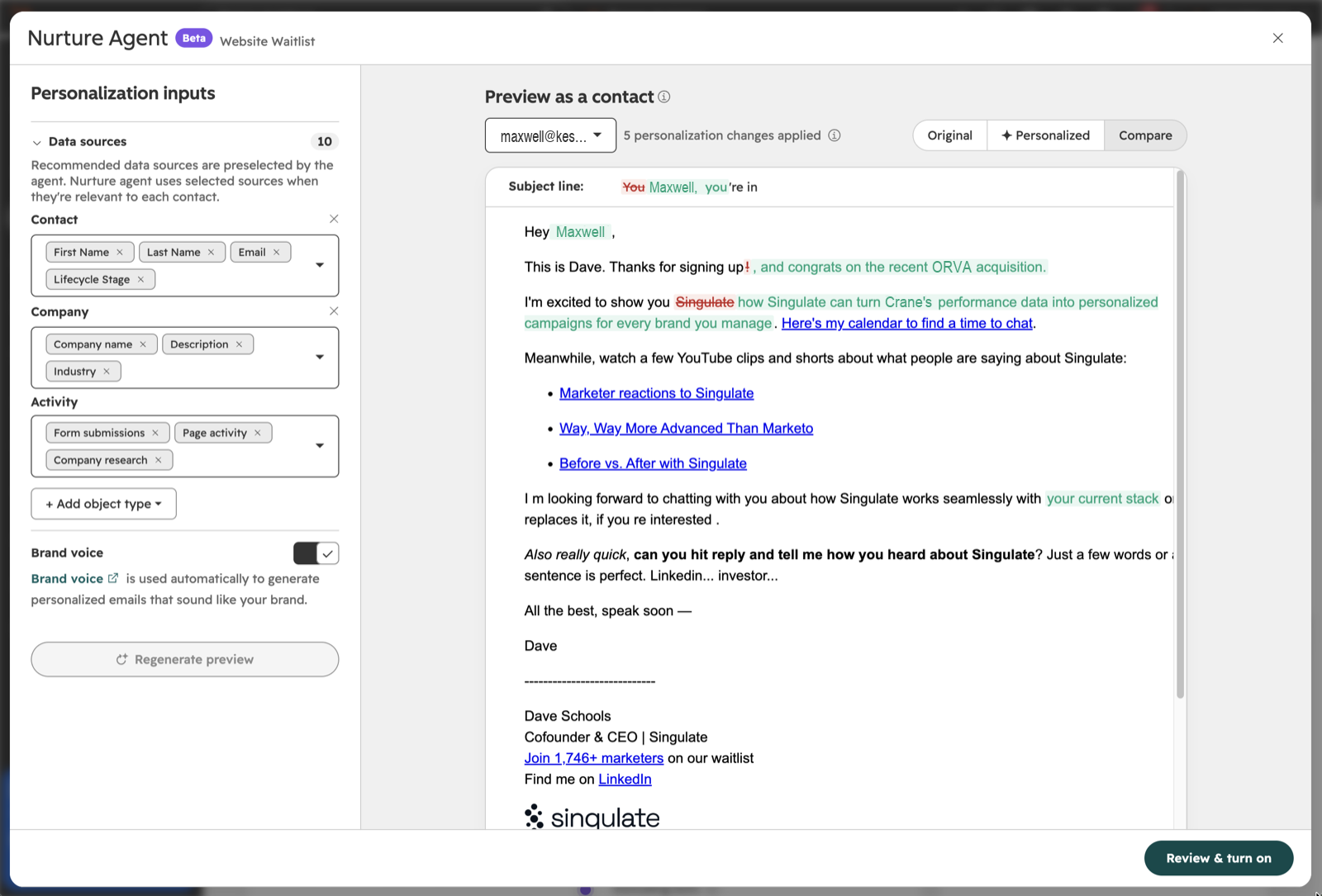 Nurture Agent modal showing 5 personalization changes applied to a welcome email, each an added phrase or clause