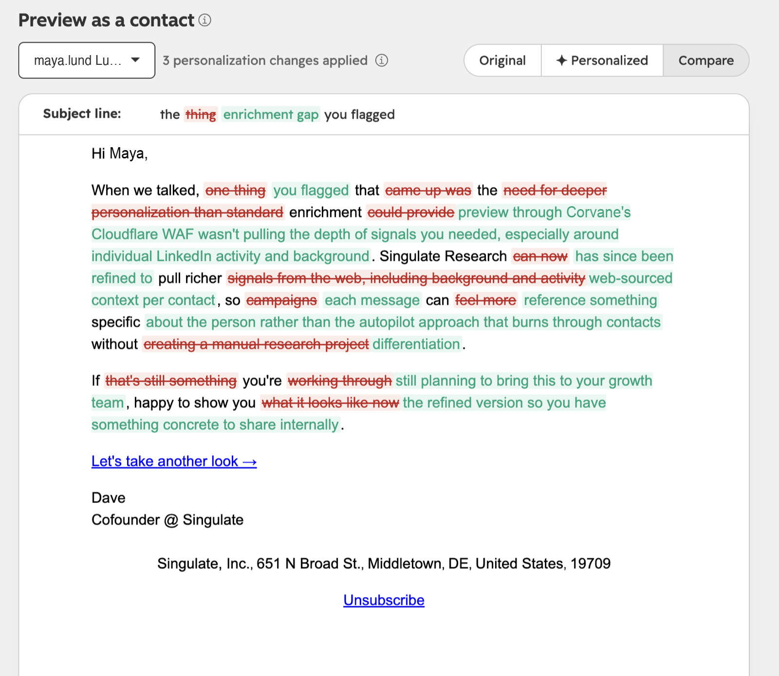 Compare view of a follow-up email with struck-through original phrases replaced by longer highlighted phrases