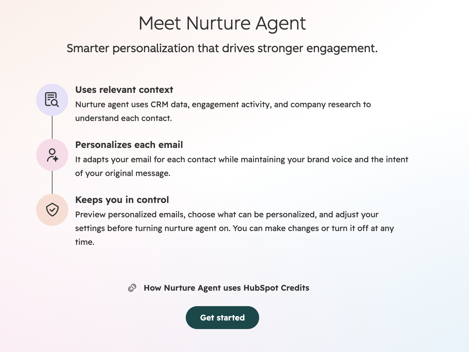 HubSpot’s Meet Nurture Agent screen: uses relevant context, personalizes each email, keeps you in control