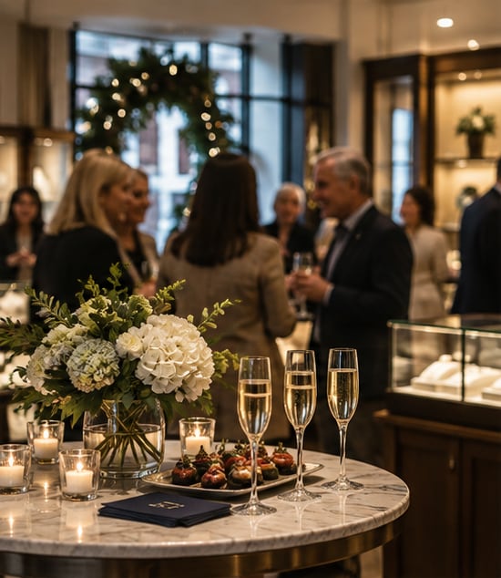 Guests at an evening event in a jewelry store, with flowers and glasses of champagne.