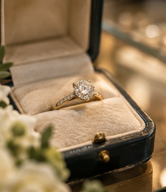 A diamond engagement ring in an open ring box.