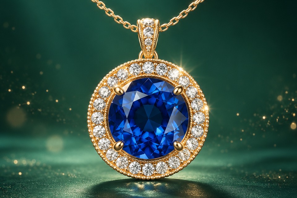 A sapphire halo pendant on a fine chain.